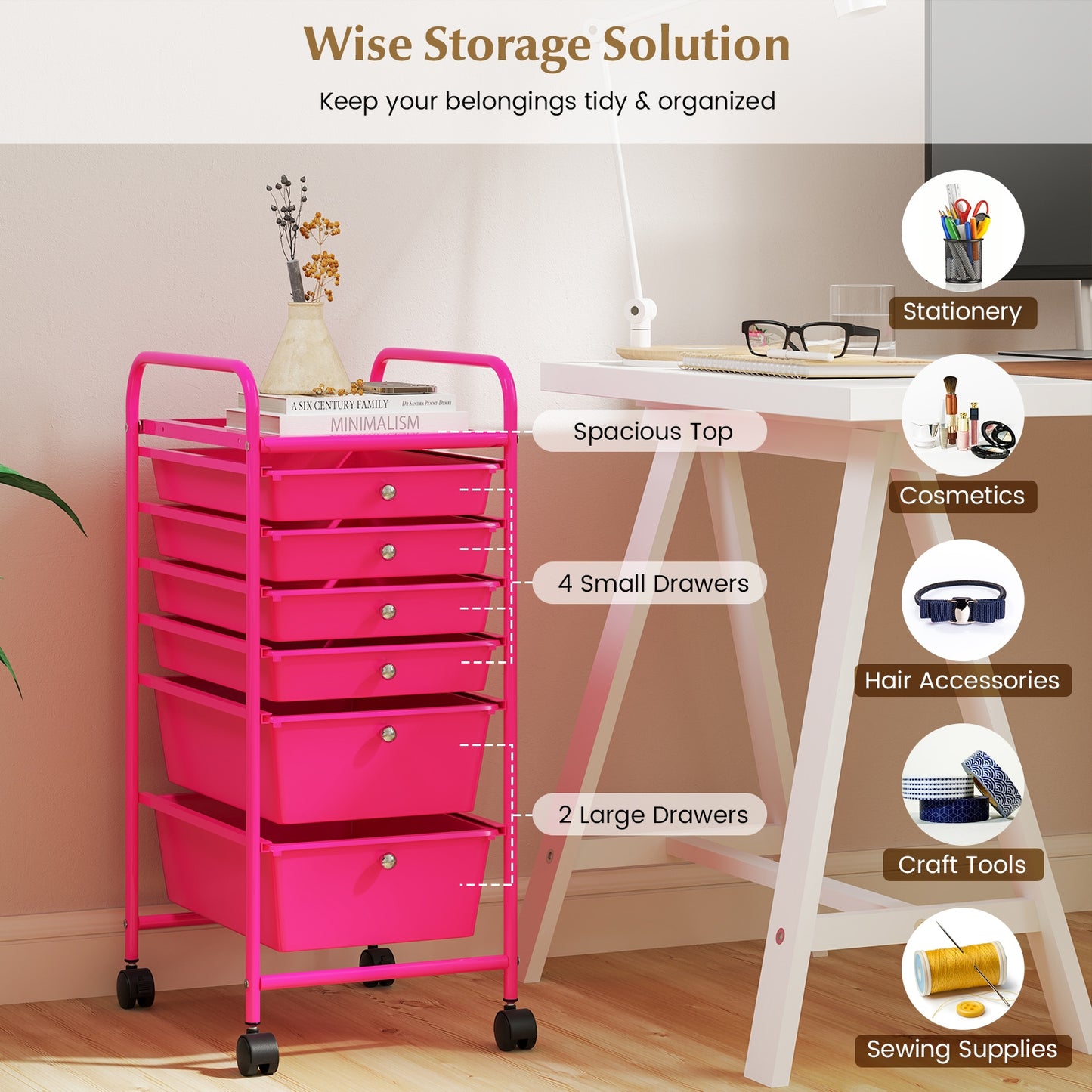 Multifunctional 6 Drawers Rolling Storage Cart Organizer-Rose Red Kids Crystal