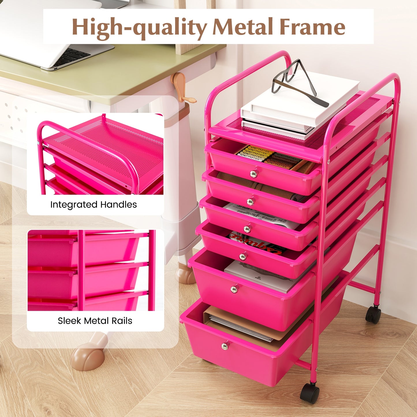 Multifunctional 6 Drawers Rolling Storage Cart Organizer-Rose Red Kids Crystal
