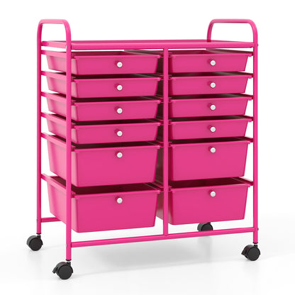 12-Drawer Rolling Storage Cart with Removable Drawers and Lockable Wheels-Rose Red