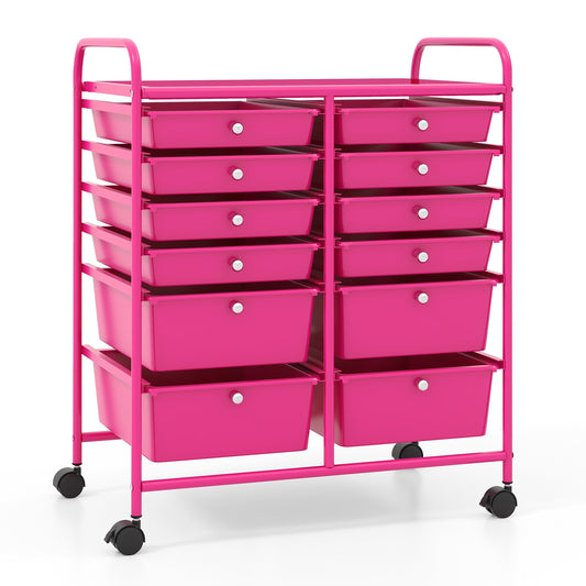 12-Drawer Rolling Storage Cart with Removable Drawers and Lockable Wheels-Rose Red Kids Crystal