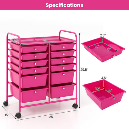 12-Drawer Rolling Storage Cart with Removable Drawers and Lockable Wheels-Rose Red