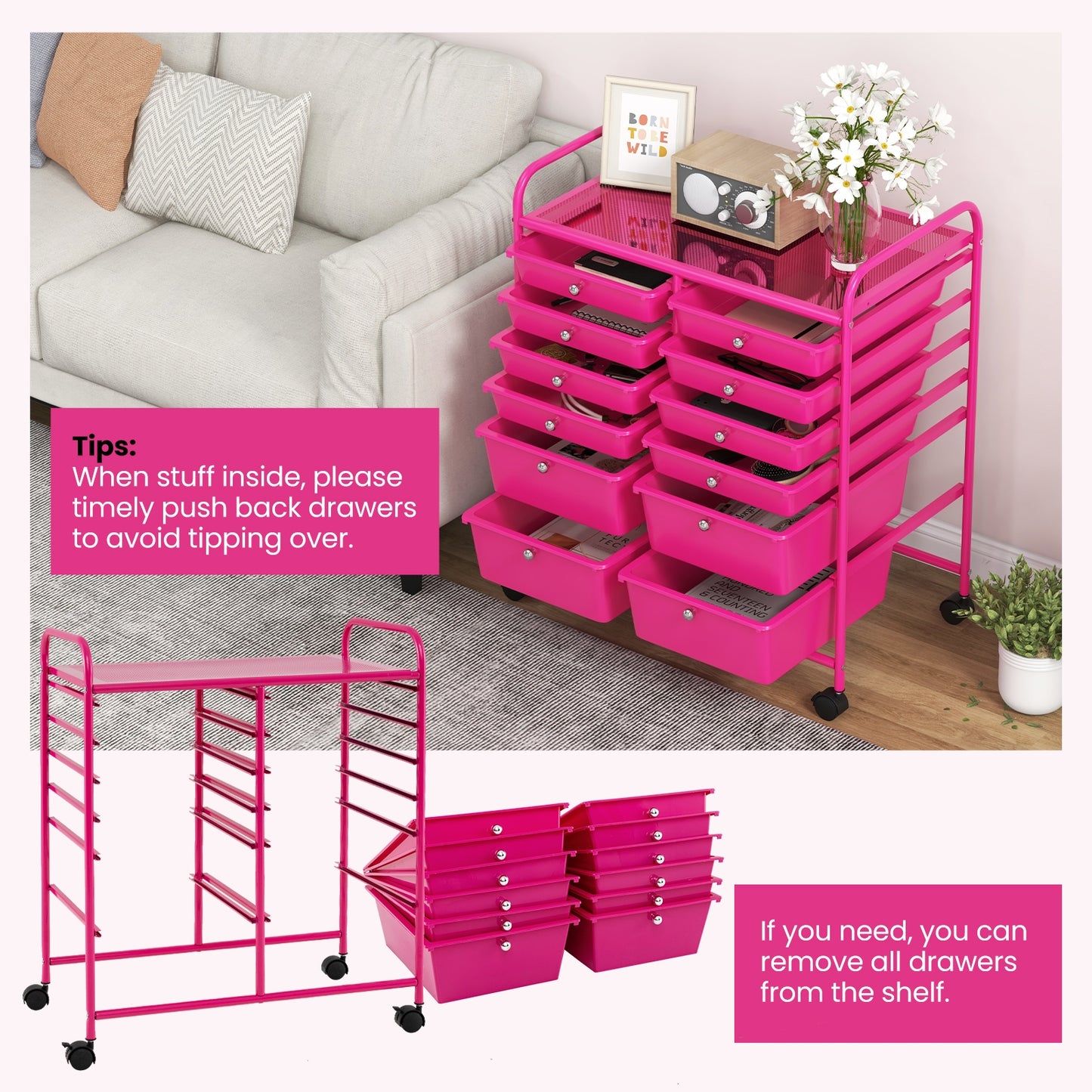 12-Drawer Rolling Storage Cart with Removable Drawers and Lockable Wheels-Rose Red Kids Crystal