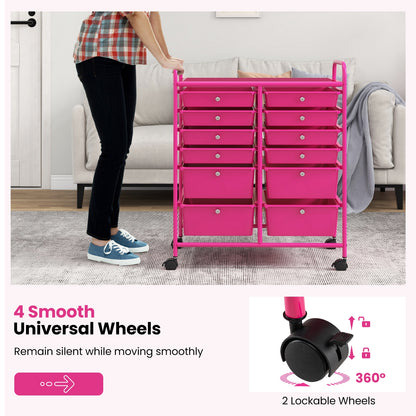 12-Drawer Rolling Storage Cart with Removable Drawers and Lockable Wheels-Rose Red