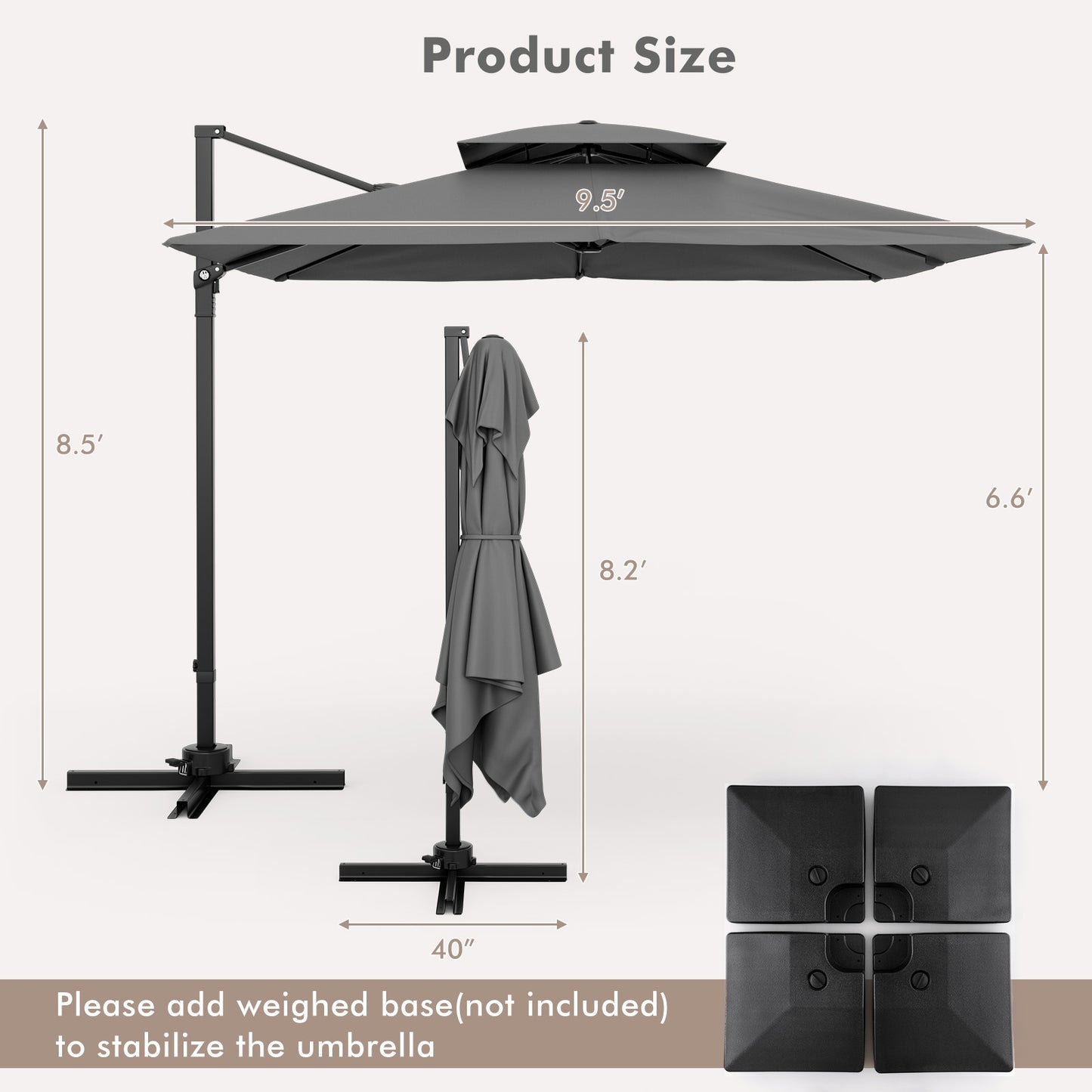 9.5 Feet Cantilever Patio Umbrella with 360° Rotation and Double Top-Gray Kids Crystal