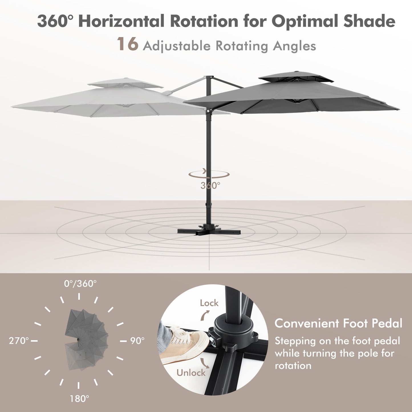 9.5 Feet Cantilever Patio Umbrella with 360° Rotation and Double Top-Gray Kids Crystal