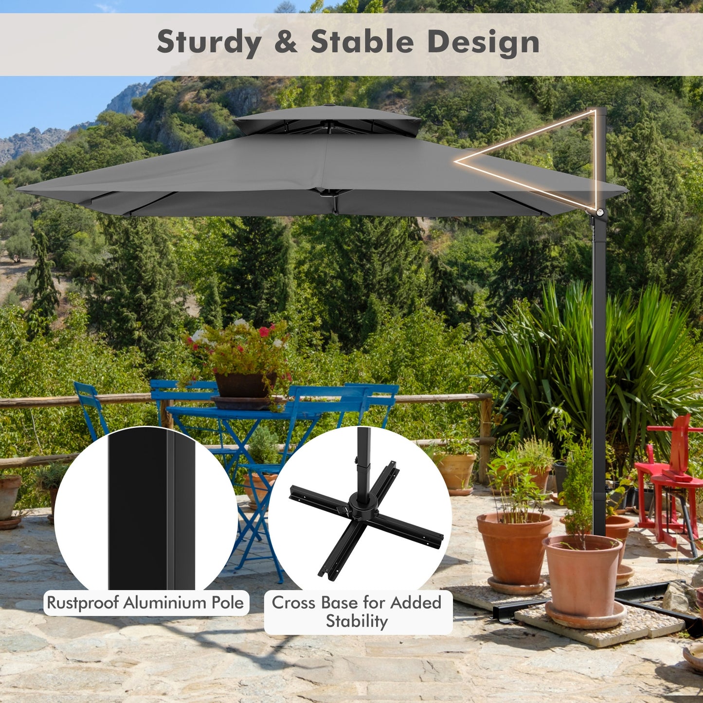 9.5 Feet Cantilever Patio Umbrella with 360° Rotation and Double Top-Gray Kids Crystal