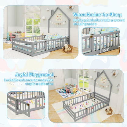 Twin Size Montessori Floor Bed with Lockable Door and Full-Length Guardrail-Gray