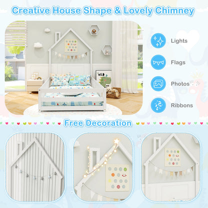 Twin Size Montessori Floor Bed with Lockable Door and Full-Length Guardrail-White