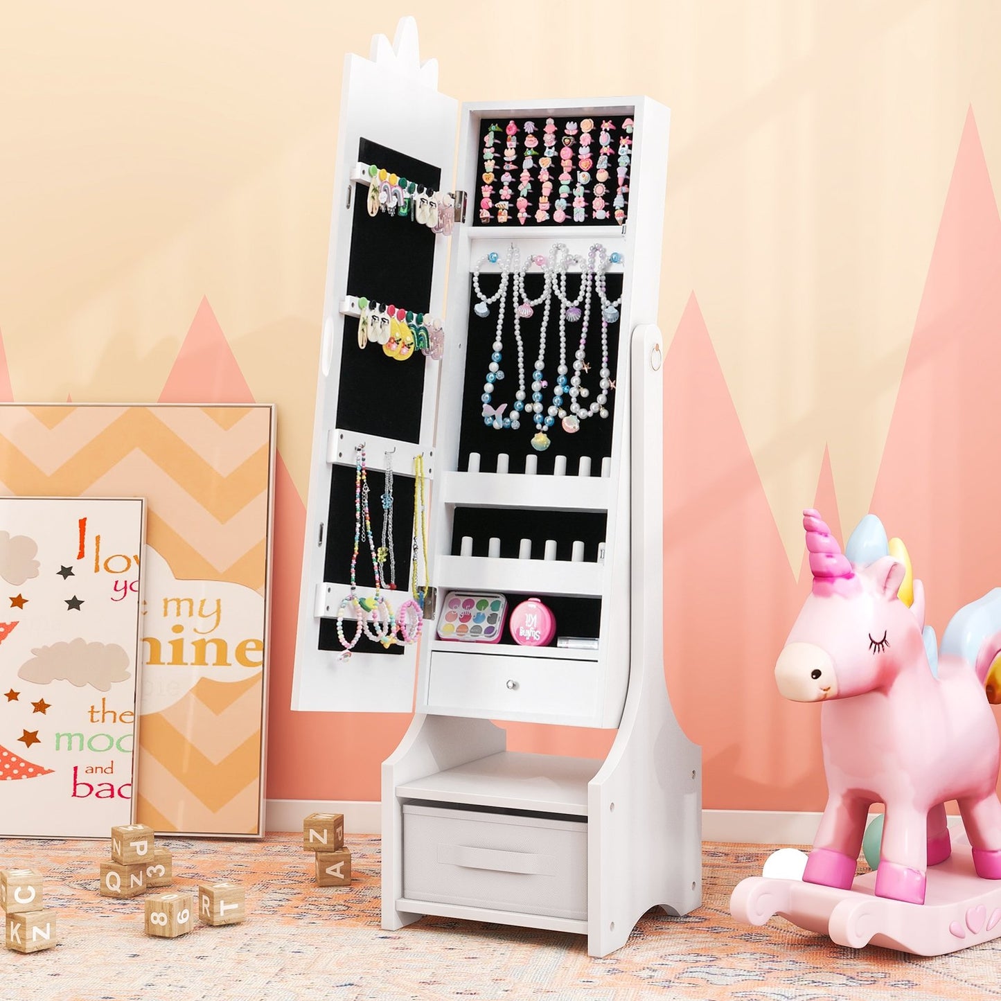 Kids Jewelry Cabinet with Full-Length Mirror for Kids Bedroom and Playroom-White Kids Crystal