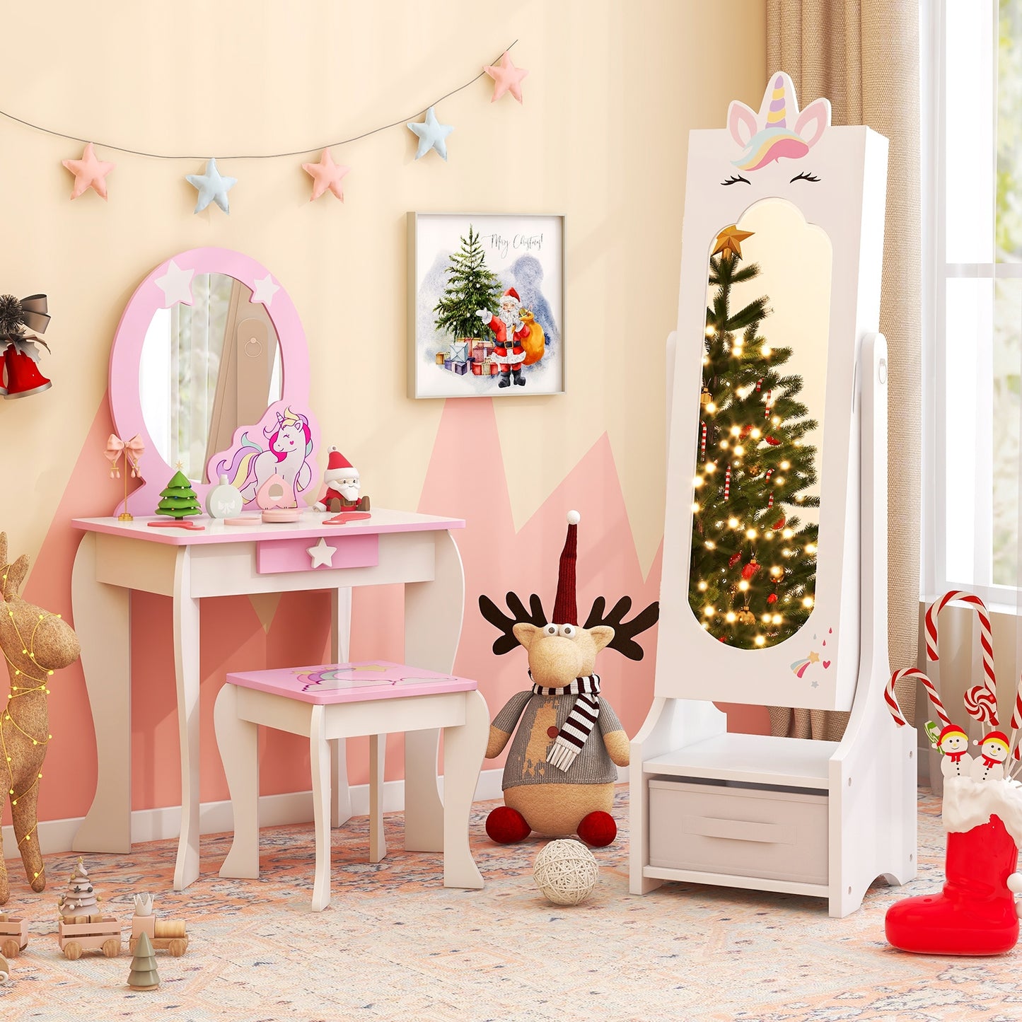 Kids Jewelry Cabinet with Full-Length Mirror for Kids Bedroom and Playroom-White Kids Crystal