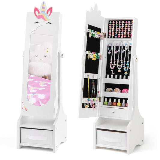 Kids Jewelry Cabinet with Full-Length Mirror for Kids Bedroom and Playroom-White Kids Crystal