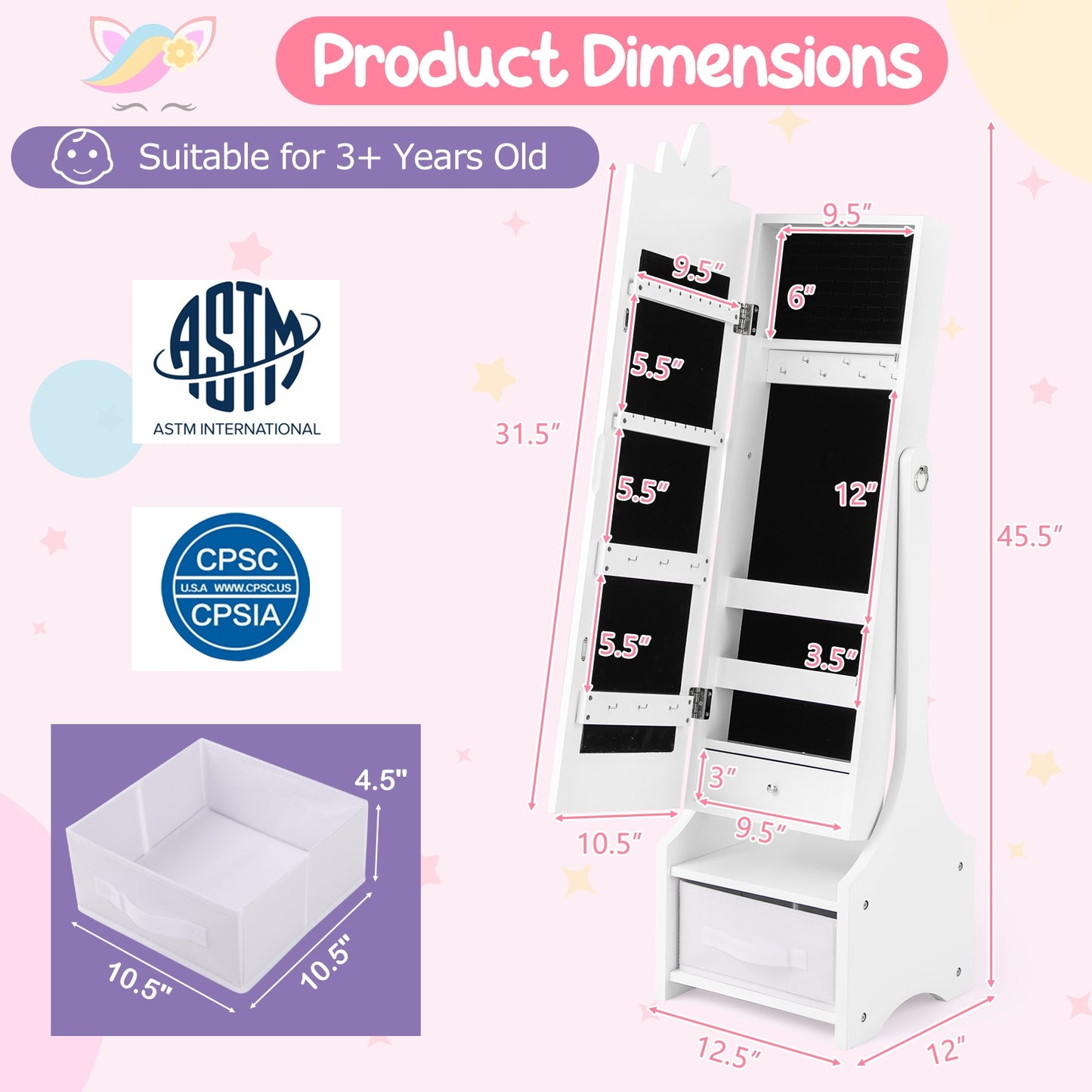 Kids Jewelry Cabinet with Full-Length Mirror for Kids Bedroom and Playroom-White Kids Crystal