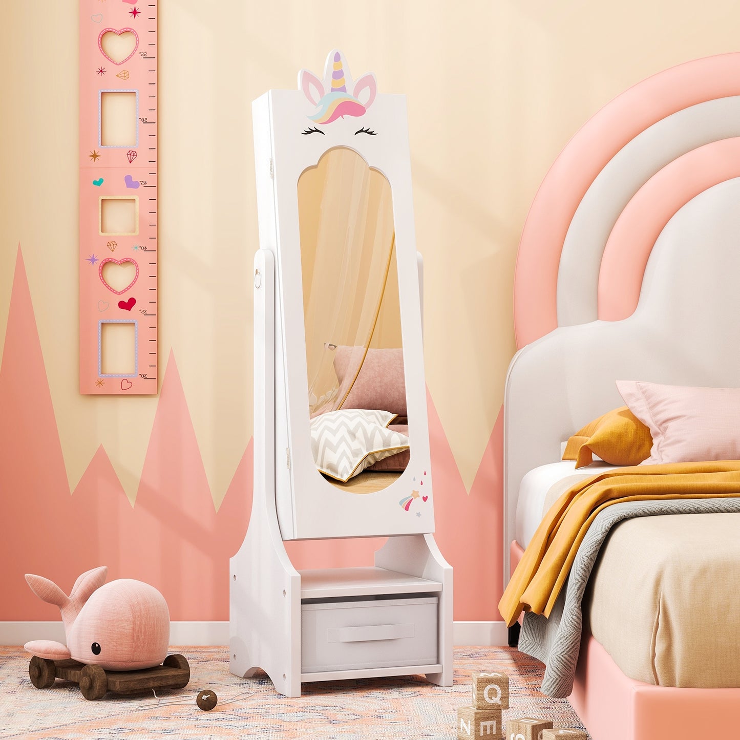 Kids Jewelry Cabinet with Full-Length Mirror for Kids Bedroom and Playroom-White Kids Crystal