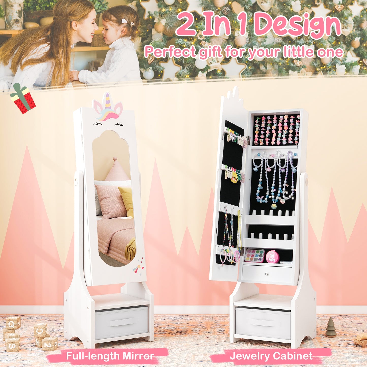 Kids Jewelry Cabinet with Full-Length Mirror for Kids Bedroom and Playroom-White Kids Crystal