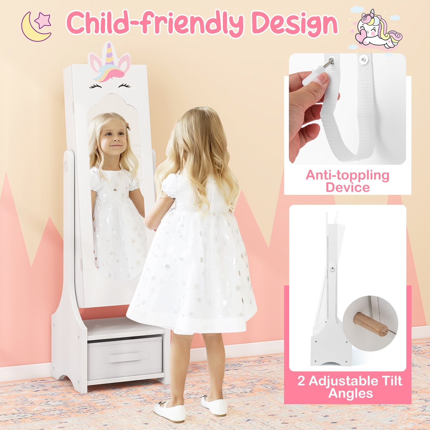 Kids Jewelry Cabinet with Full-Length Mirror for Kids Bedroom and Playroom-White Kids Crystal