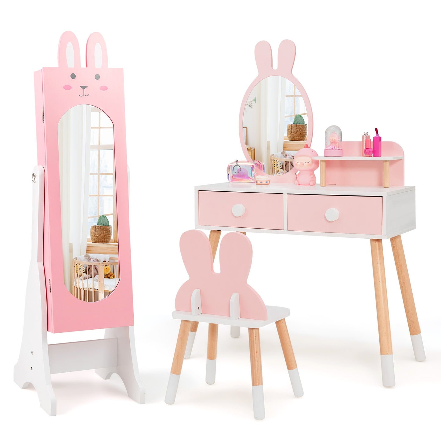 Kids Jewelry Armoire Cabinet with 2 Tilt Angles and Large Capacity-Pink Kids Crystal
