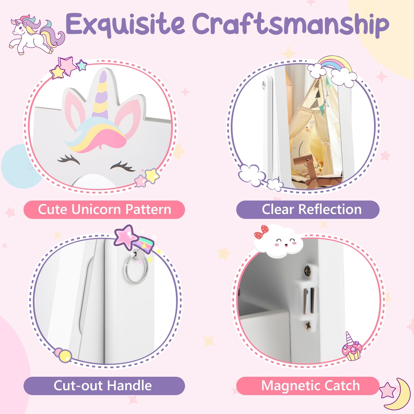 Kids Jewelry Cabinet with Full-Length Mirror for Kids Bedroom and Playroom-White Kids Crystal