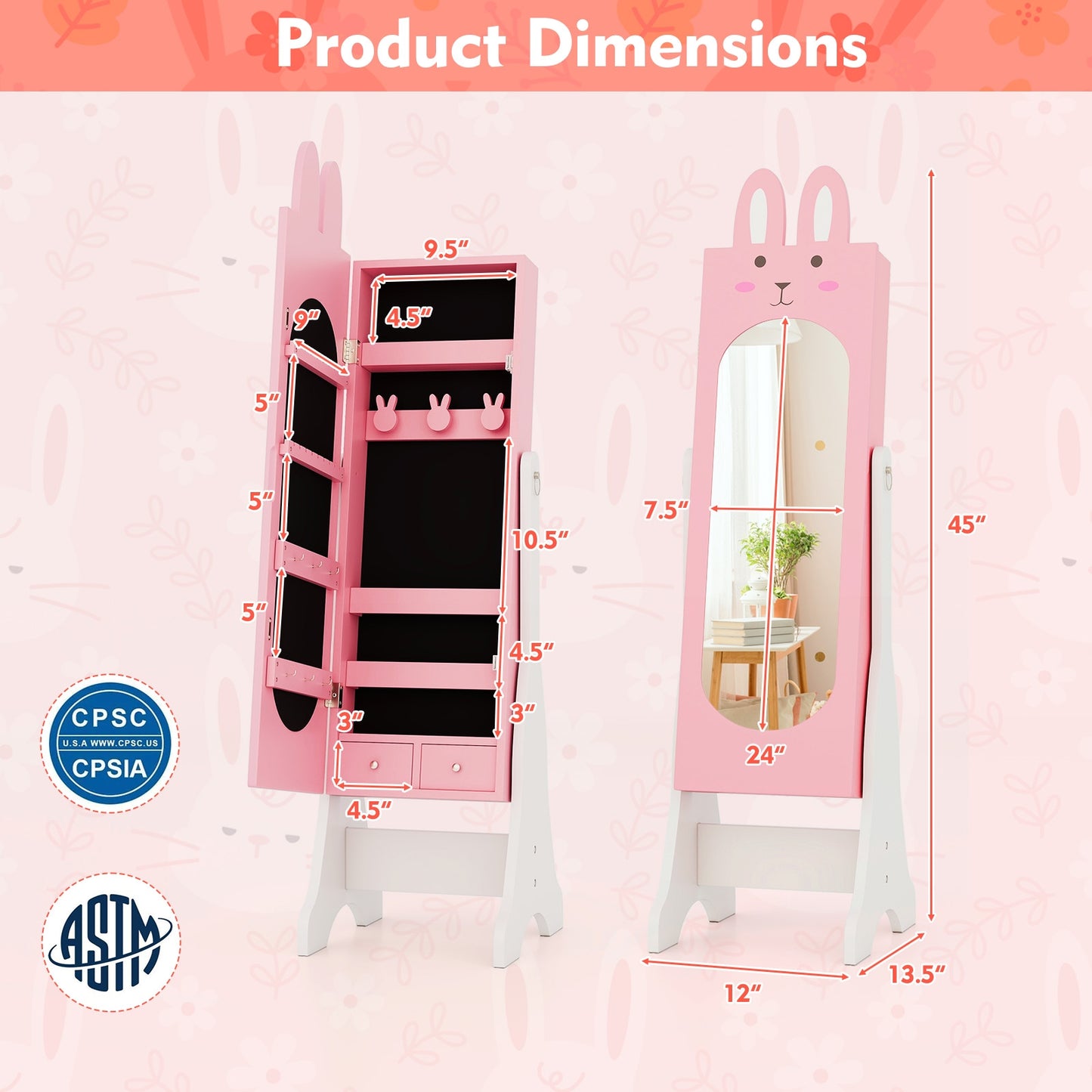 Kids Jewelry Armoire Cabinet with 2 Tilt Angles and Large Capacity-Pink Kids Crystal