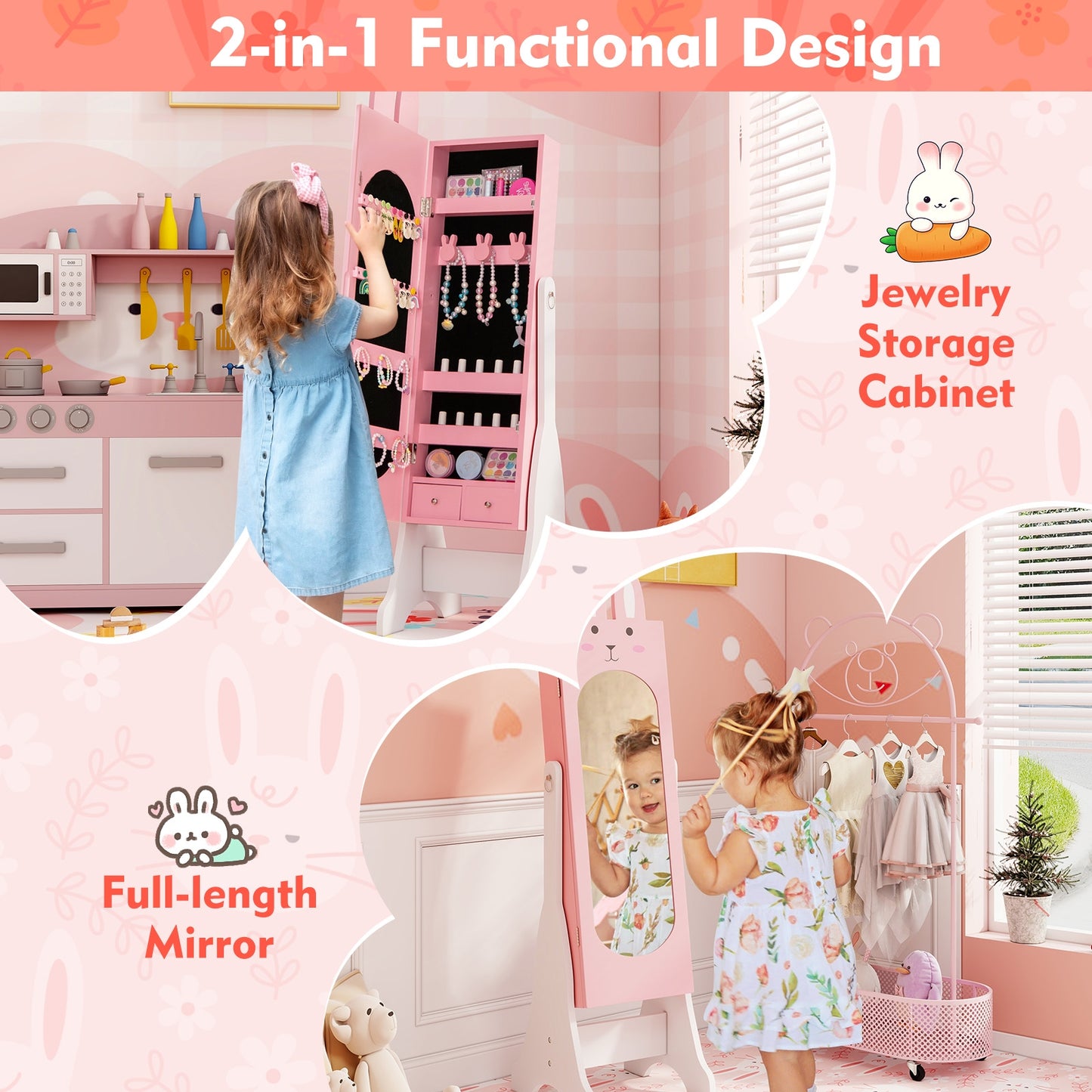 Kids Jewelry Armoire Cabinet with 2 Tilt Angles and Large Capacity-Pink Kids Crystal