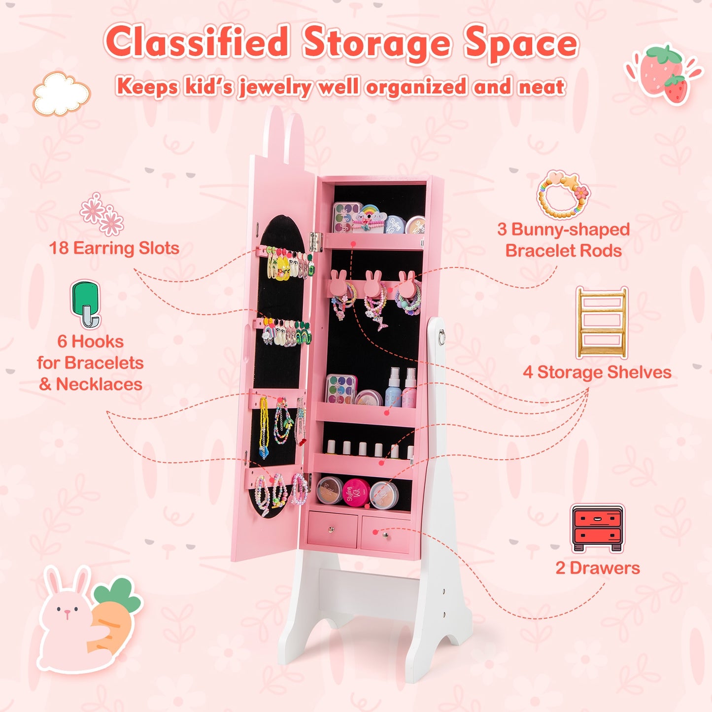 Kids Jewelry Armoire Cabinet with 2 Tilt Angles and Large Capacity-Pink Kids Crystal