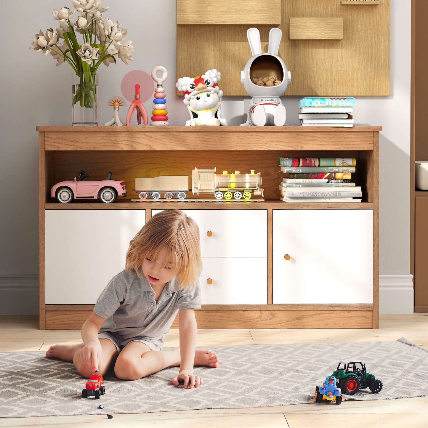 Kids Toy Storage Organizer with Open Shelf and 2 Drawers for Playroom-Natural Kids Crystal