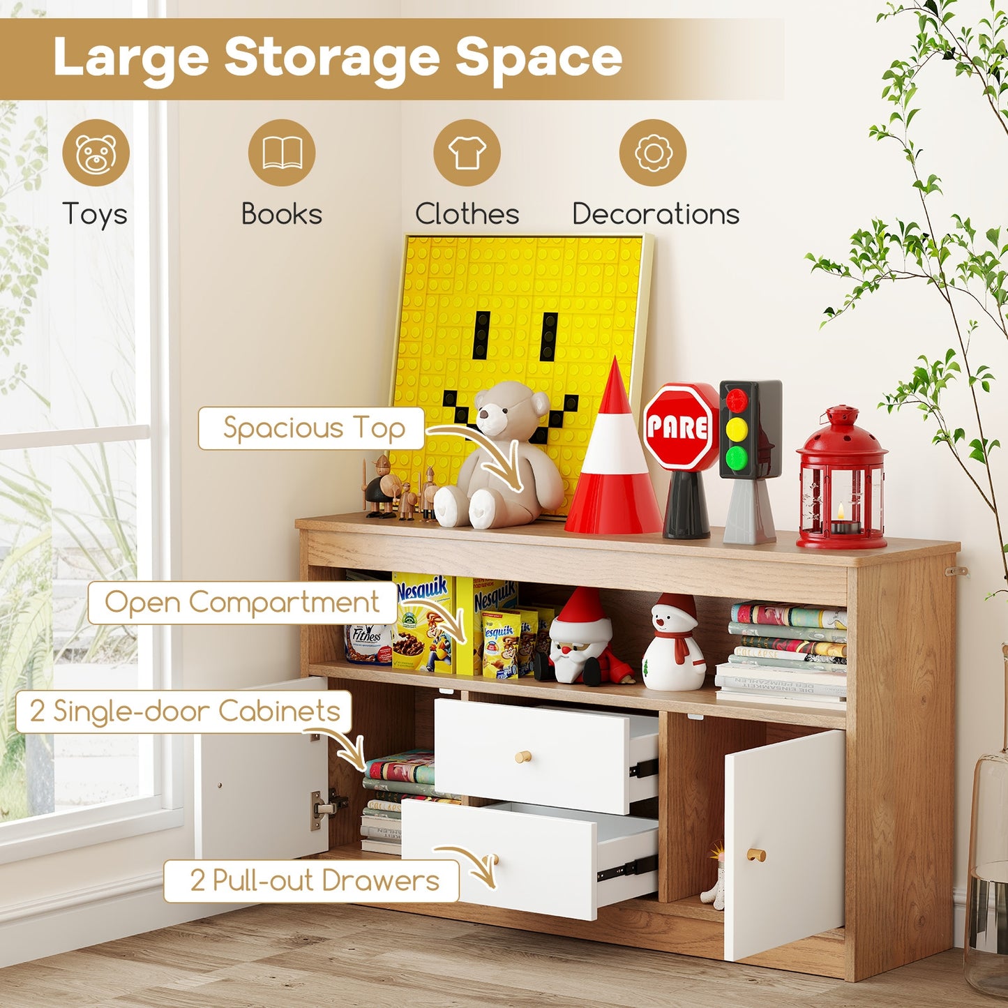 Kids Toy Storage Organizer with Open Shelf and 2 Drawers for Playroom-Natural Kids Crystal