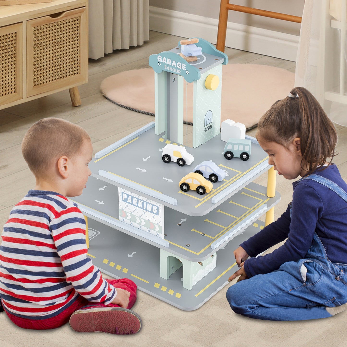 Parking Garage Playset with 4 Cars and Helicopter-Gray Kids Crystal