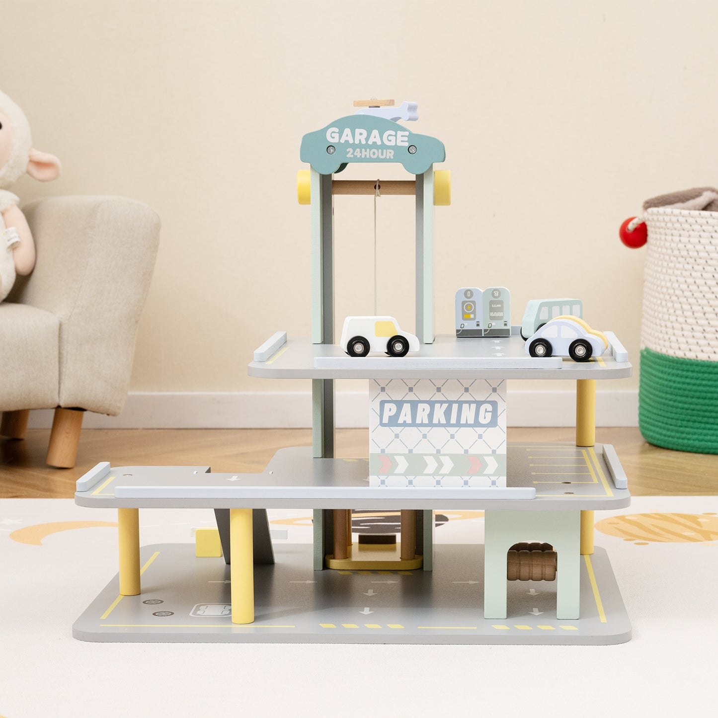 Parking Garage Playset with 4 Cars and Helicopter-Gray Kids Crystal