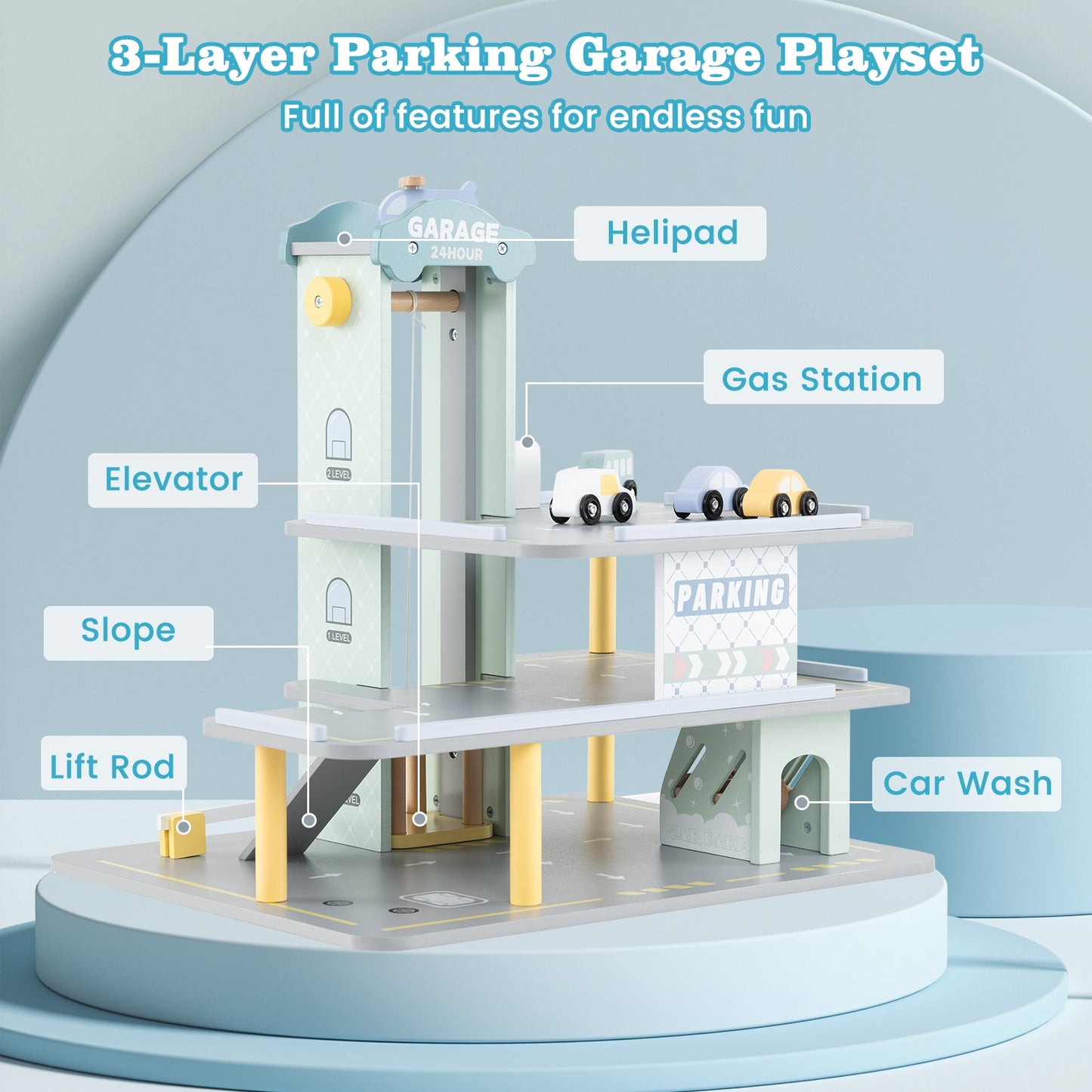 Parking Garage Playset with 4 Cars and Helicopter-Gray Kids Crystal