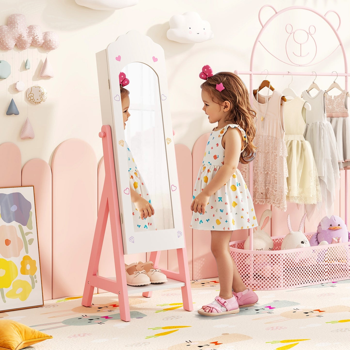 Kids Jewelry Organizer with Full Length Mirror Drawers and Storage Shelves-White Kids Crystal