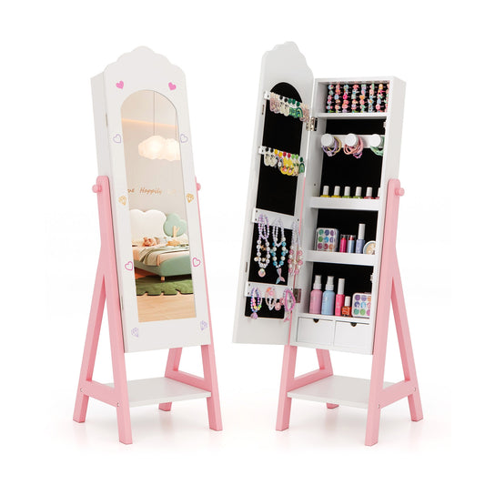 Kids Jewelry Organizer with Full Length Mirror Drawers and Storage Shelves-White Kids Crystal