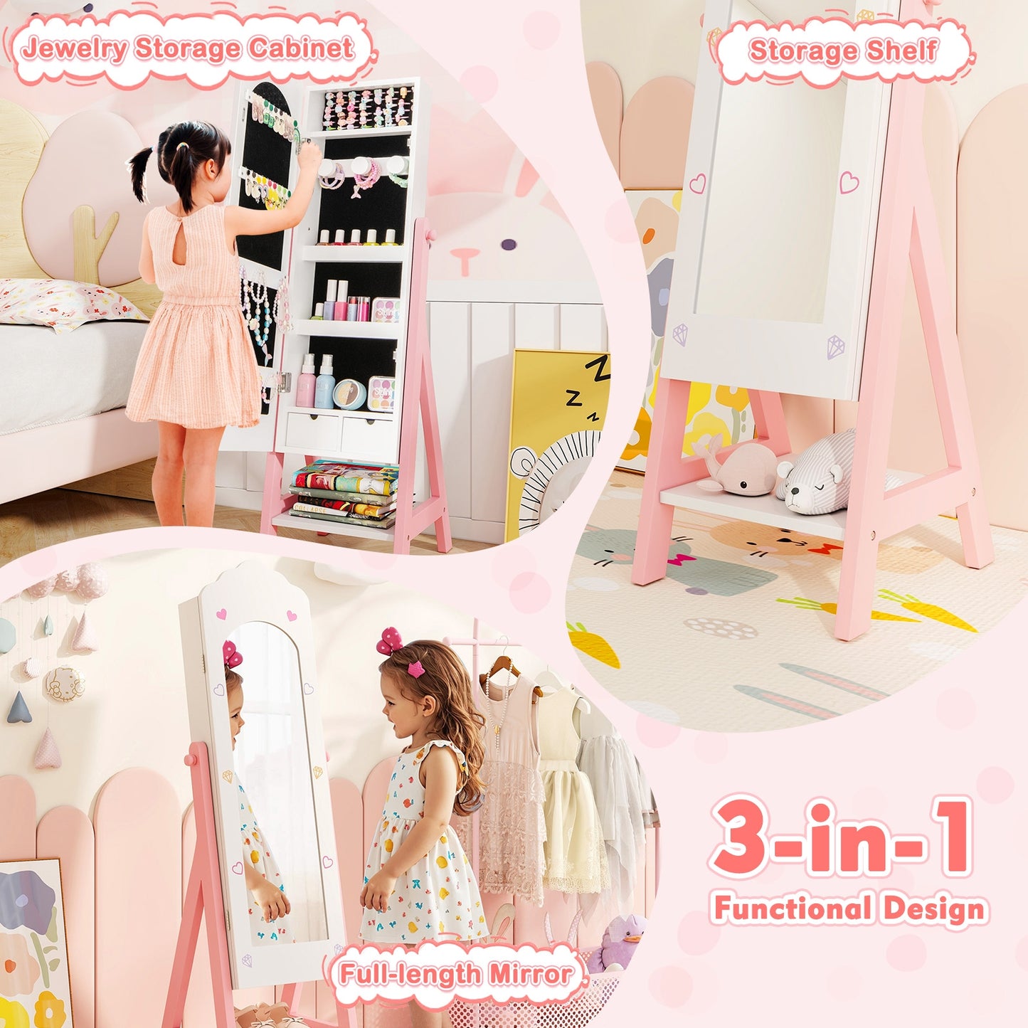 Kids Jewelry Organizer with Full Length Mirror Drawers and Storage Shelves-White Kids Crystal