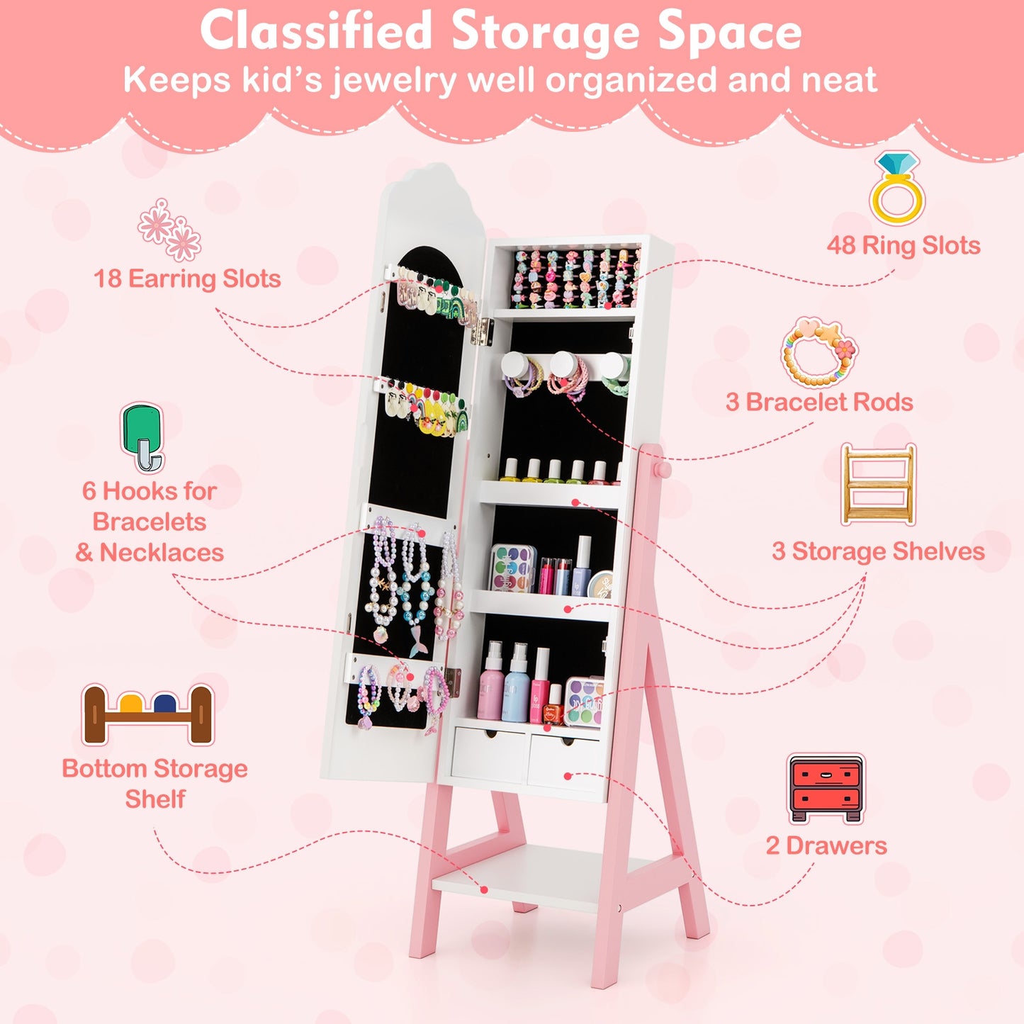 Kids Jewelry Organizer with Full Length Mirror Drawers and Storage Shelves-White Kids Crystal