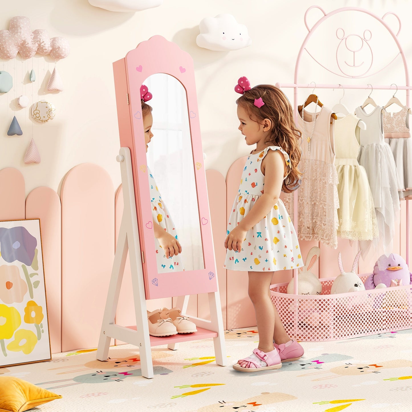 Kids Jewelry Organizer with Full Length Mirror Drawers and Storage Shelves-Pink Kids Crystal