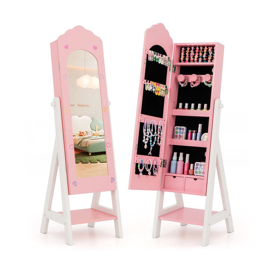 Kids Jewelry Organizer with Full Length Mirror Drawers and Storage Shelves-Pink Kids Crystal