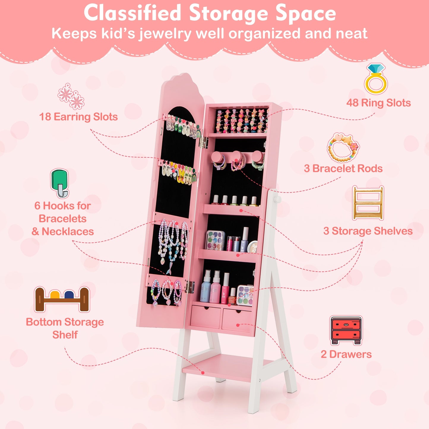Kids Jewelry Organizer with Full Length Mirror Drawers and Storage Shelves-Pink Kids Crystal