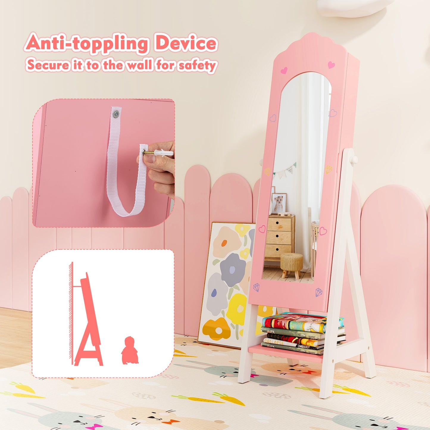 Kids Jewelry Organizer with Full Length Mirror Drawers and Storage Shelves-Pink Kids Crystal