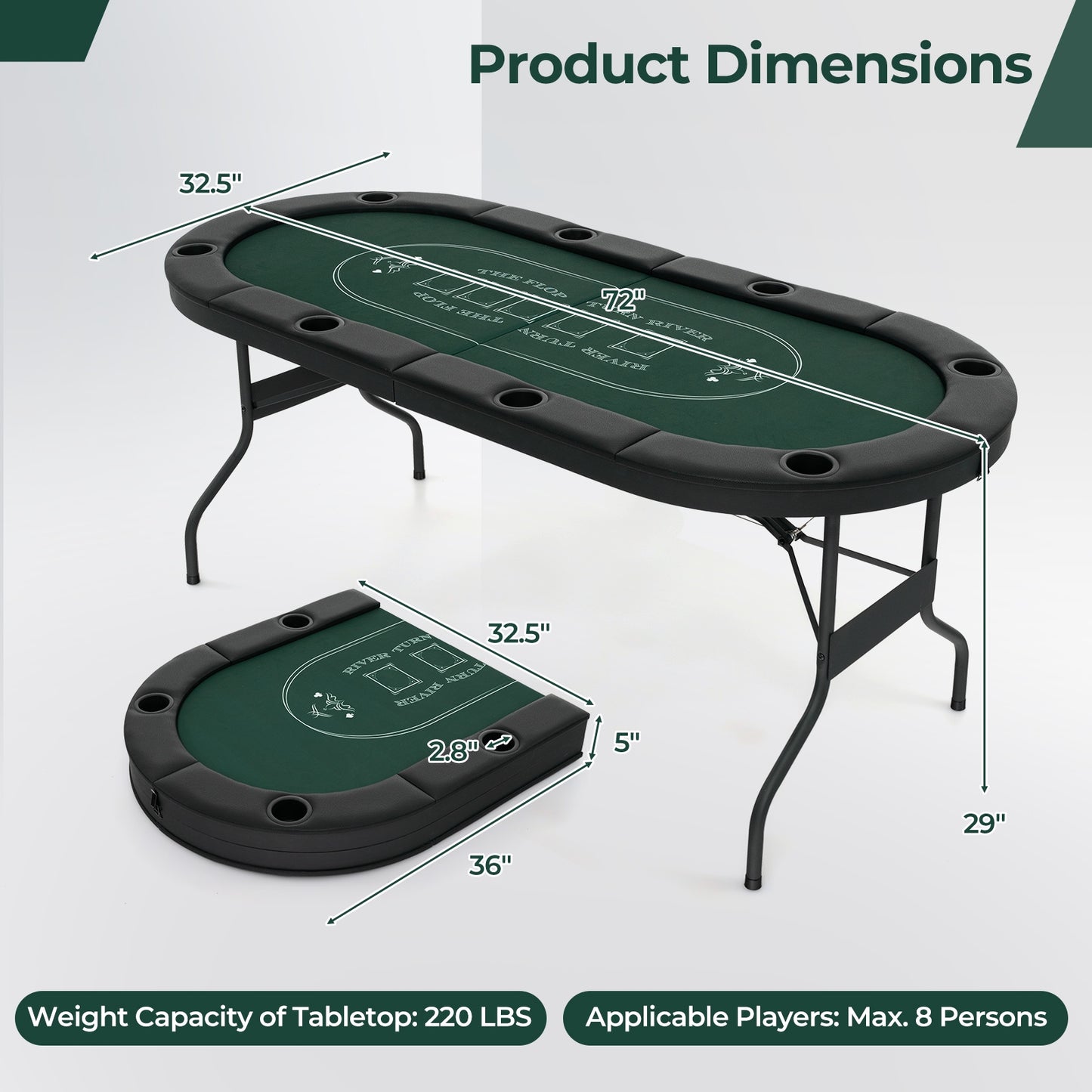 72 Inch Foldable Poker Table for 8 Players Portable Oval Card Board Game Table-Green Kids Crystal