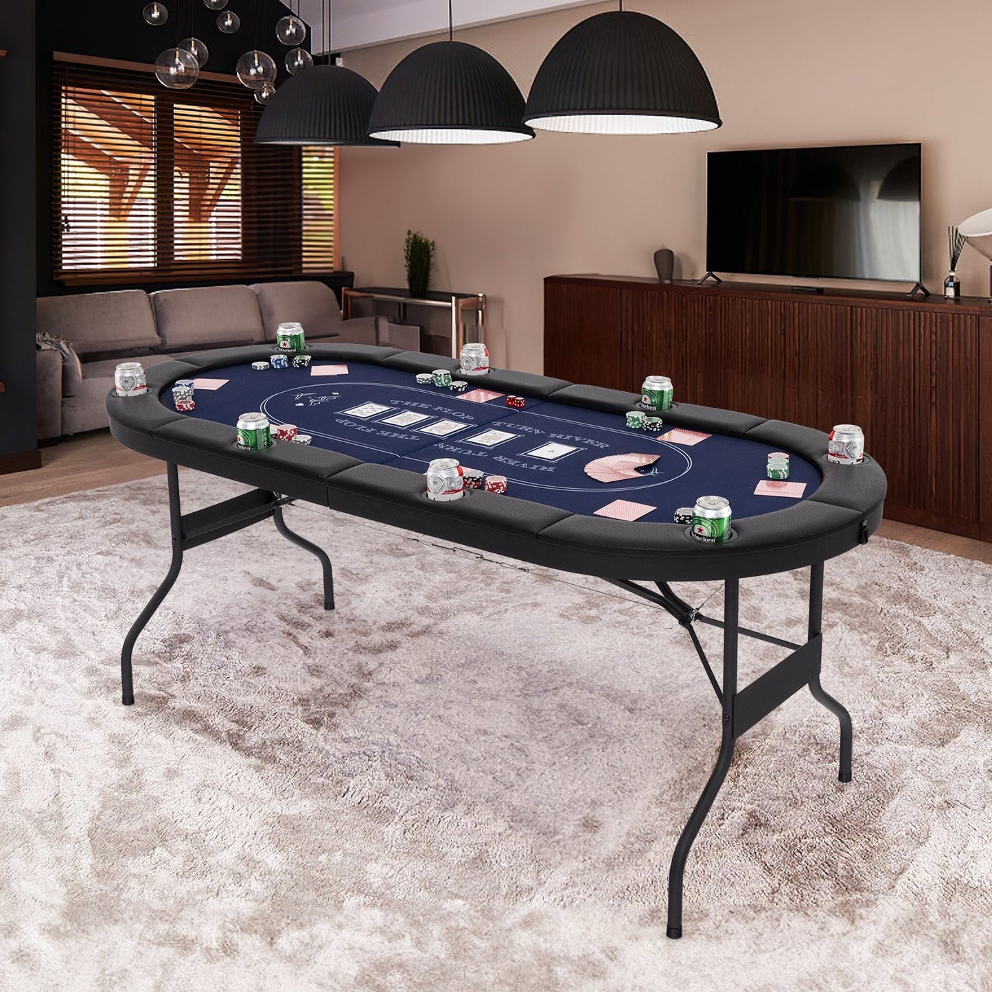 72 Inch Foldable Poker Table for 8 Players Portable Oval Card Board Game Table-Blue Kids Crystal