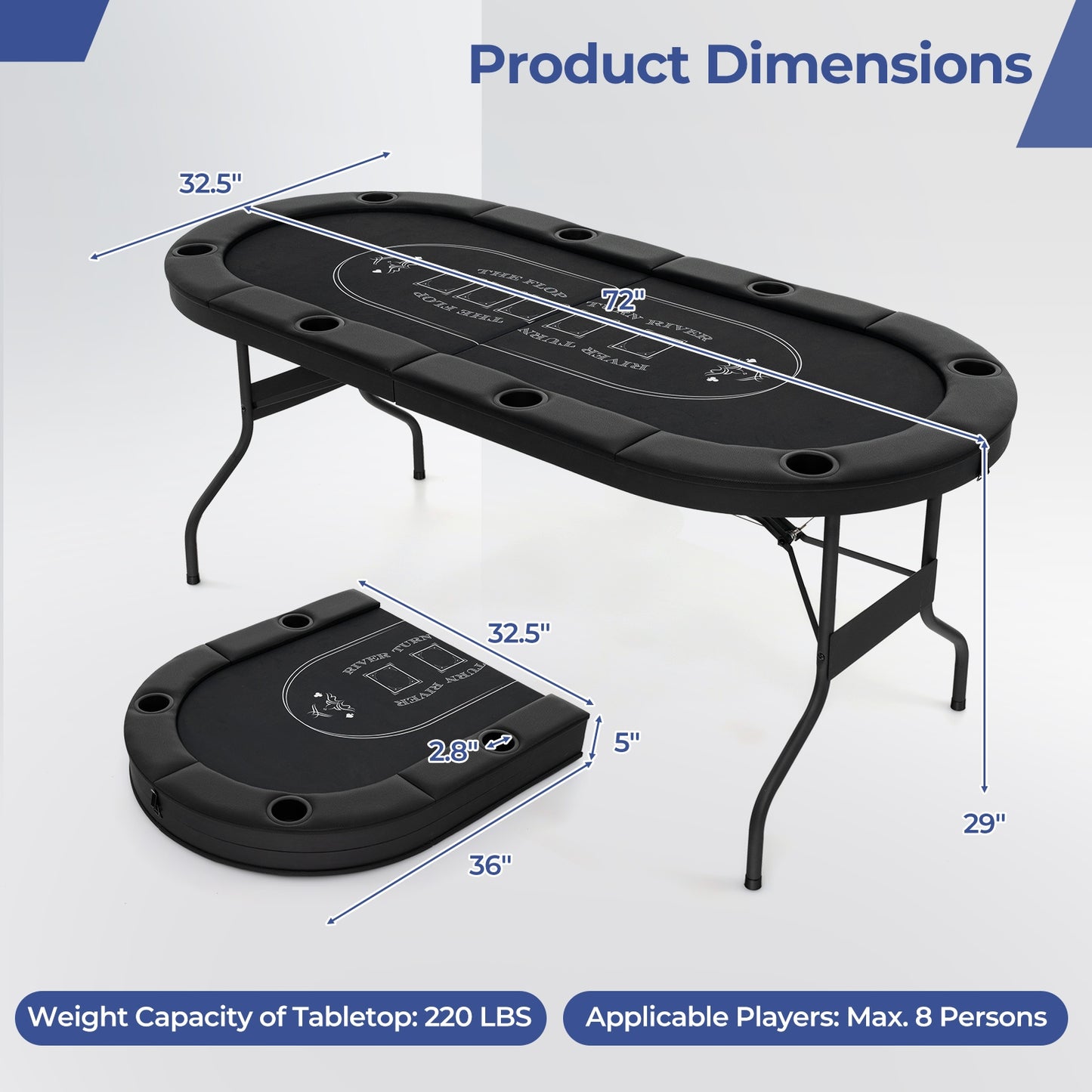 72 Inch Foldable Poker Table for 8 Players Portable Oval Card Board Game Table-Black Kids Crystal