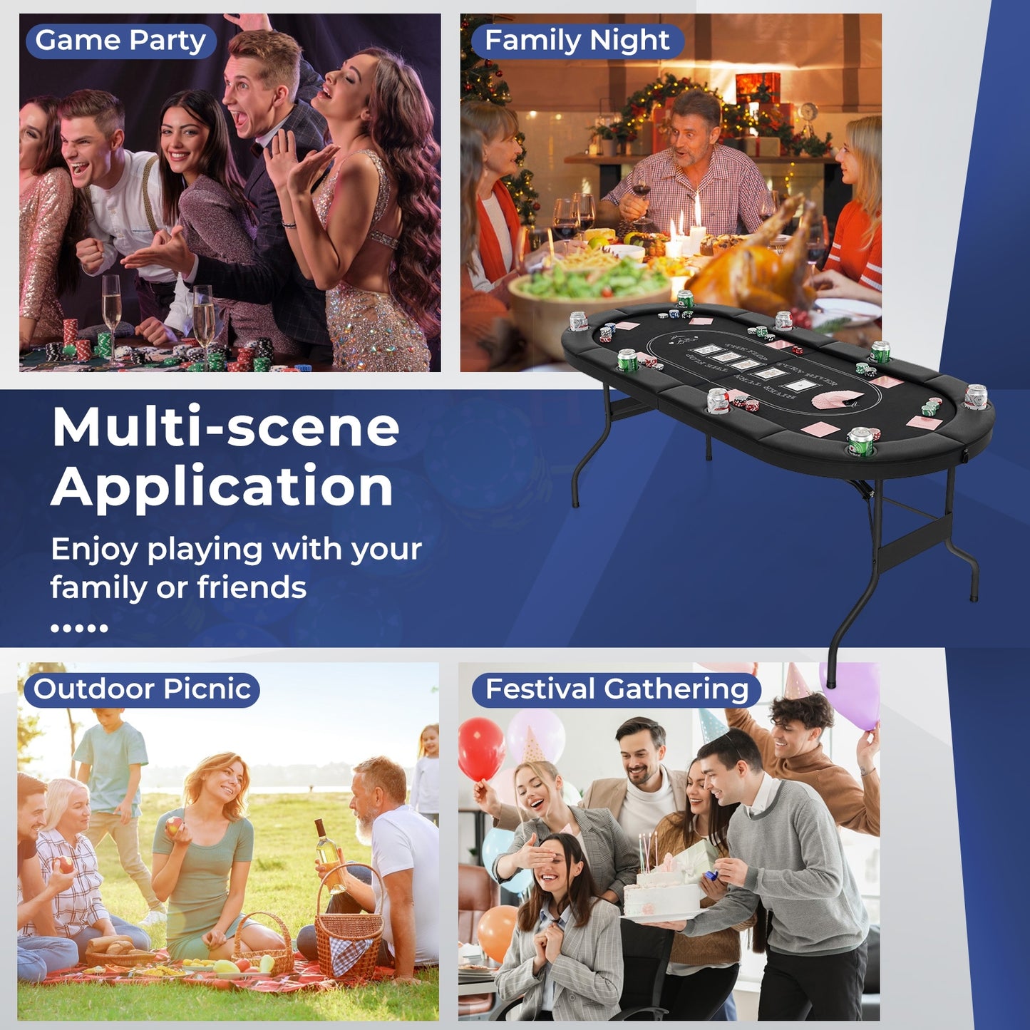 72 Inch Foldable Poker Table for 8 Players Portable Oval Card Board Game Table-Black Kids Crystal