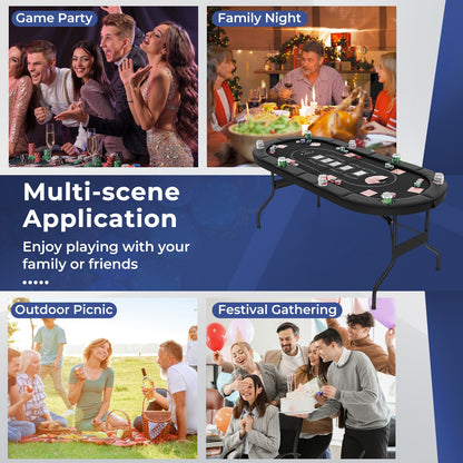 72 Inch Foldable Poker Table for 8 Players Portable Oval Card Board Game Table-Black