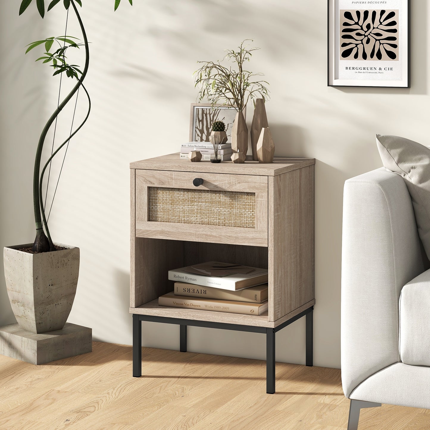 Rattan Nightstand Boho End Table with Rattan Drawer and Open Shelf Set of 2-Oak Kids Crystal