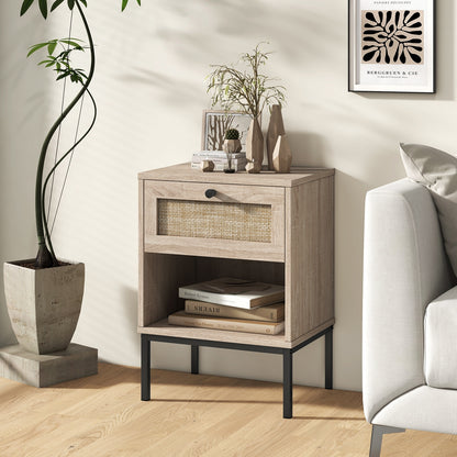 Rattan Nightstand Boho End Table with Rattan Drawer and Open Shelf Set of 2-Oak