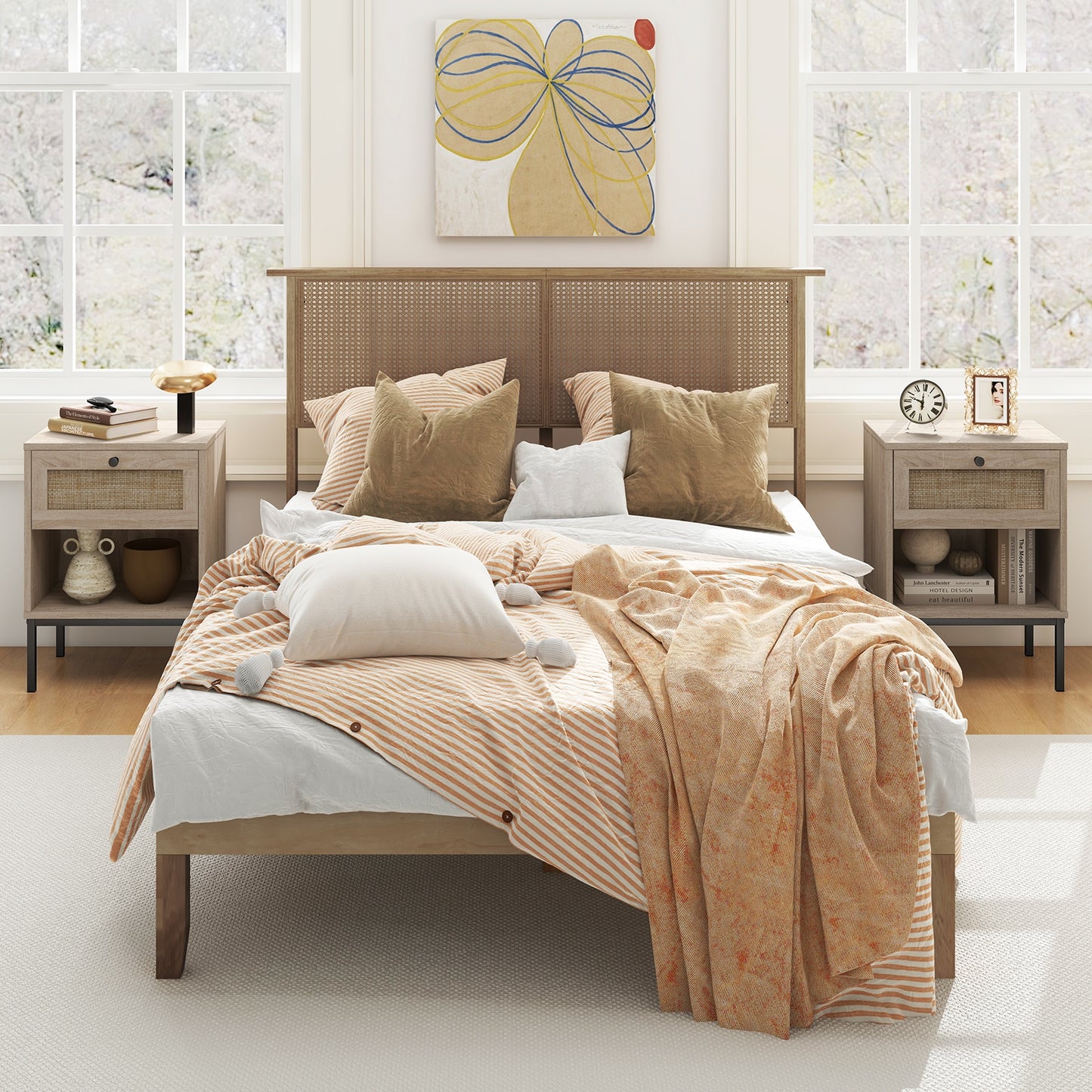 Rattan Nightstand Boho End Table with Rattan Drawer and Open Shelf Set of 2-Oak Kids Crystal