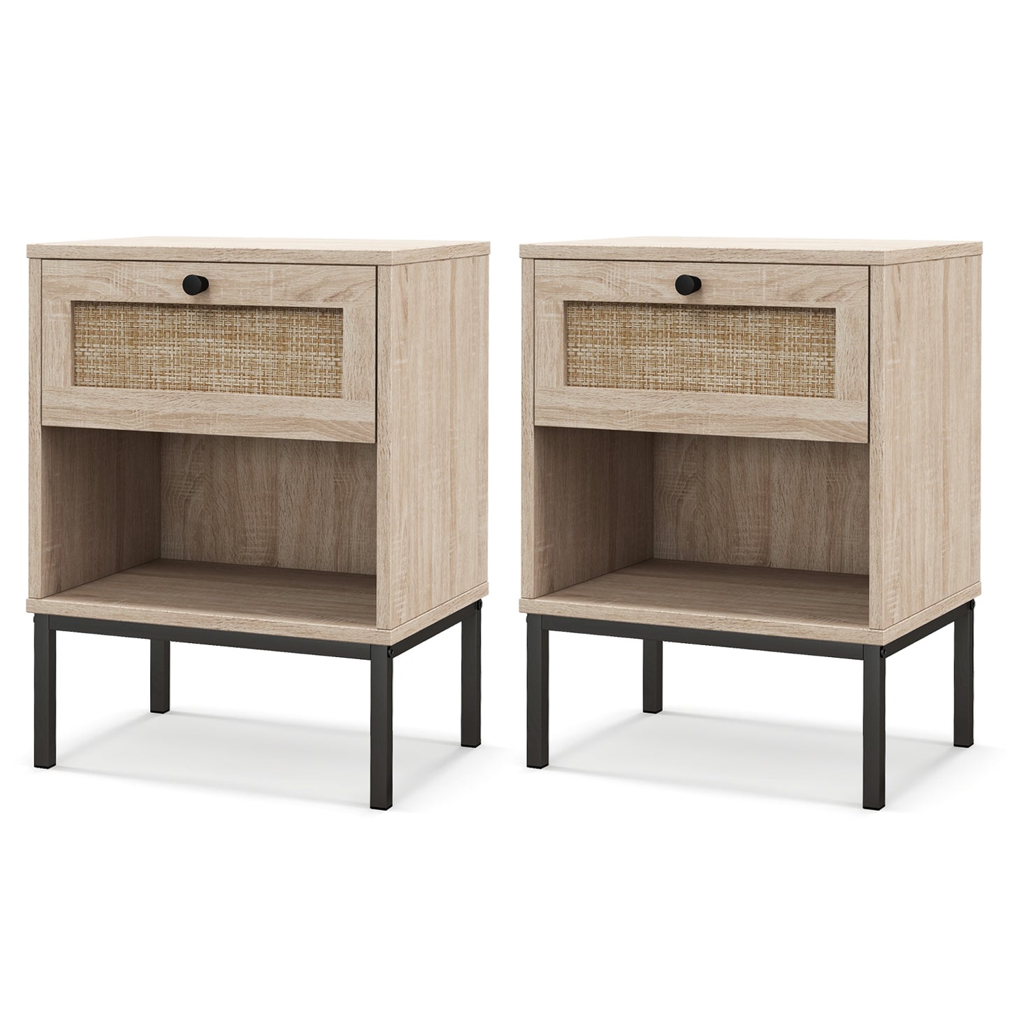 Rattan Nightstand Boho End Table with Rattan Drawer and Open Shelf Set of 2-Oak Kids Crystal