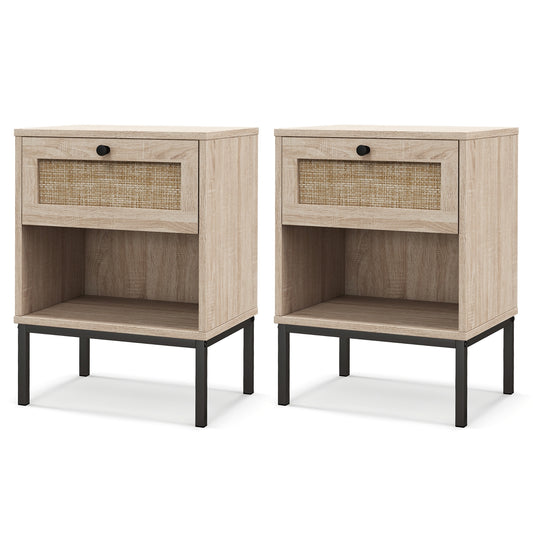 Rattan Nightstand Boho End Table with Rattan Drawer and Open Shelf Set of 2-Oak Kids Crystal