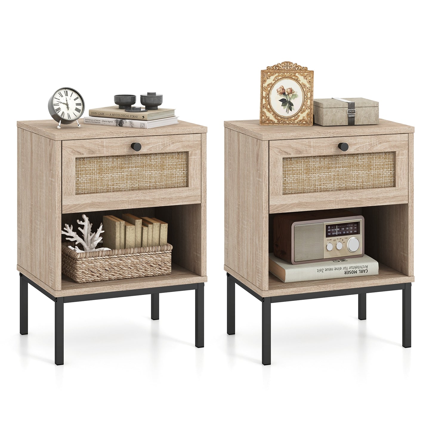 Rattan Nightstand Boho End Table with Rattan Drawer and Open Shelf Set of 2-Oak Kids Crystal