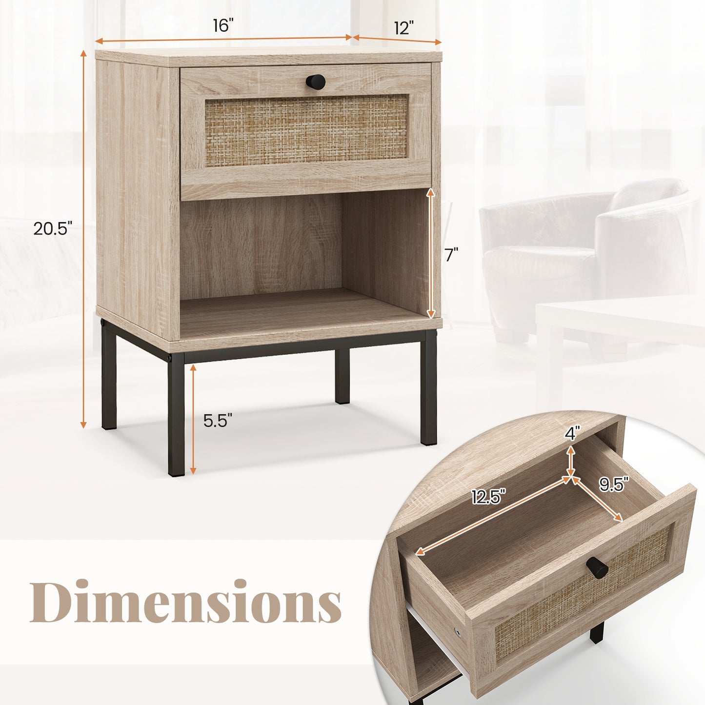 Rattan Nightstand Boho End Table with Rattan Drawer and Open Shelf Set of 2-Oak Kids Crystal