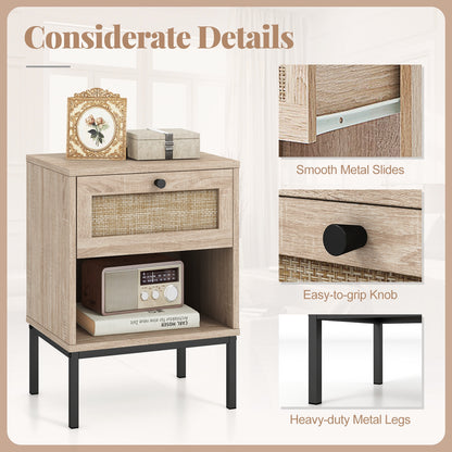Rattan Nightstand Boho End Table with Rattan Drawer and Open Shelf Set of 2-Oak